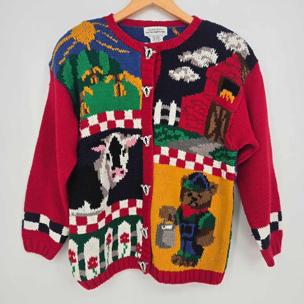 Vtg 90s Hand Knit Ramie/Cotton Farm Cardigan Sweater Barn Animal Cow Womens M
